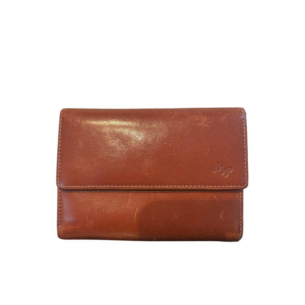 Vintage Monsac Leather Trifold Wallet Clutch Organizer MV Crest Red Brown